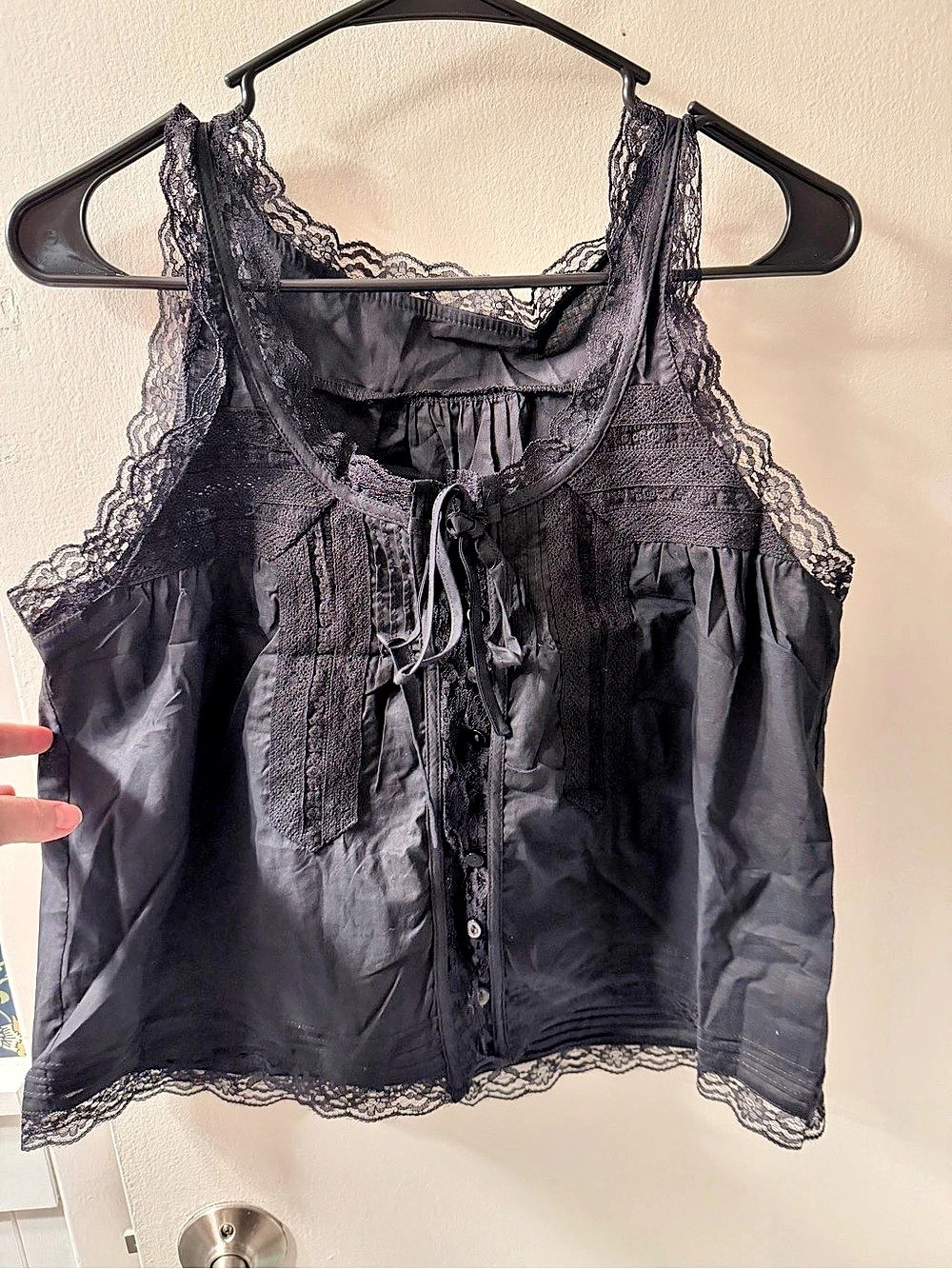 Lace Trim 95% Cotton Camisole Tank in Black Medium Like New